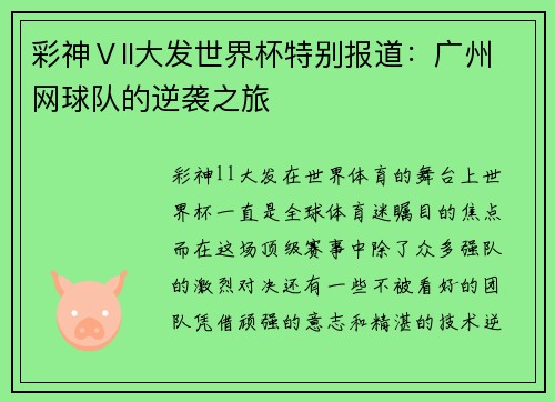 彩神Ⅴll大发世界杯特别报道：广州网球队的逆袭之旅