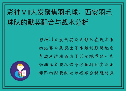 彩神Ⅴll大发聚焦羽毛球：西安羽毛球队的默契配合与战术分析